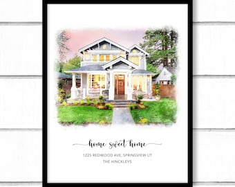 11x14 Digital Watercolor House Portrait, custom digital house painting, housewarming gift, realtor gift, custom home painting