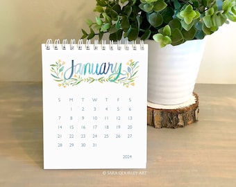 2024 Watercolor Botanical Desk Calendar, Hand Painted Watercolor Illustration, Desktop Calendar, Flip Calendar, Gift for Her, Christmas Gift