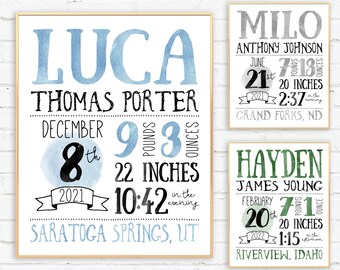 Baby Boy Birth Announcement, Birth Stats Printable, Hand Drawn, Personalized Boy Nursery Decor, Watercolor, gift for mom, Mother's Day