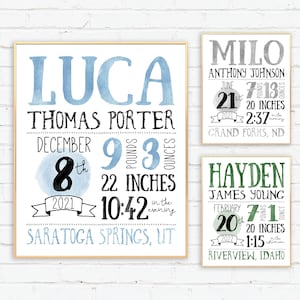 Baby Boy Birth Announcement, Birth Stats Printable, Hand Drawn, Personalized Boy Nursery Decor, Watercolor, gift for mom, Mother's Day