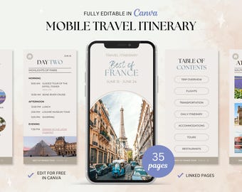 Editable Travel Itinerary Template | Mobile France Travel Planner, Custom Travel Agent Planner, Girls Trip, Digital Travel Guide, Canva