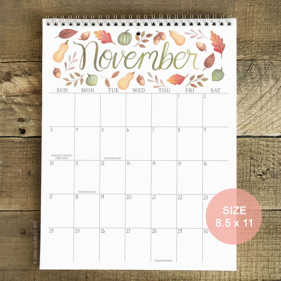 2024 Watercolor Wall Calendar, 8.5x11, Hand Painted, Seasonal