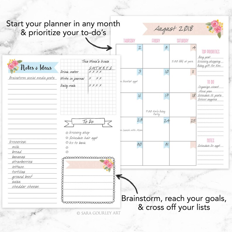 undated planner printable floral hand lettered digital etsy