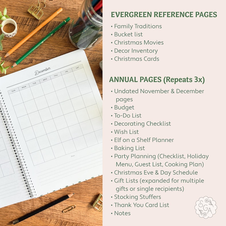 Open personalized Christmas Planner flat lay showing undated December calendar page with space to plan events, parties, and notes. Beside the planner, a note highlights Evergreen Reference and Annual Pages repeated for three years. Includes jar of colored pencils and stationery accessories on the desk. Holiday planner notebook for Christmas scheduling, organization, and family traditions.