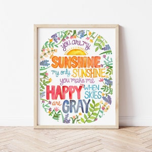 You Are My Sunshine Watercolor Quote Print, Art Print, Painting, Illustration, Kid's Wall Art, Nursery Wall Decor image 1