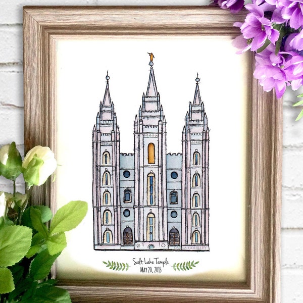 Salt Lake Temple Watercolor Art Print- Personalized Gift, Wall Decor, Illustration, LDS Art, LDS Temple, Wedding Gift, Date