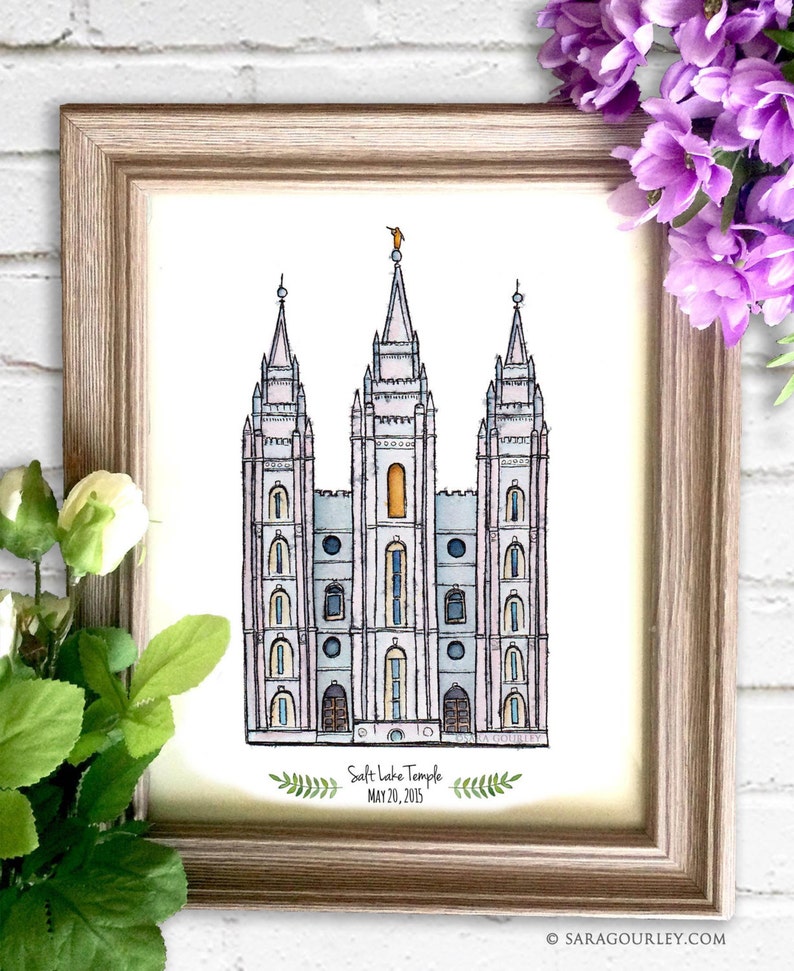 Salt Lake Temple Watercolor Art Print Personalized Gift, Wall Decor, Illustration, LDS Art, LDS Temple, Wedding Gift, Date image 1