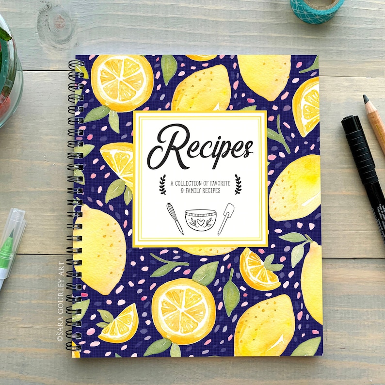 Recipe Journal, Watercolor Lemons Blank Cookbook, Recipe Notebook, Family Recipes, Gift for Chef 