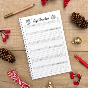 Gift tracker fill in page of the Christmas Planner that includes gift receiver name, gift ideas, price, purchased, and check-mark if it's wrapped