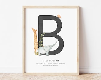 Jungle Animals Baby Birth Announcement, Name Initial Birth Stats, Safari Personalized Nursery Decor, Watercolor, Printable, Digital Download