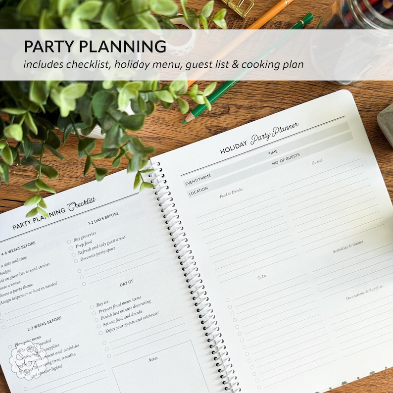 Open Custom Christmas Planner flat lay showing “Party Planning Checklist” and “Holiday Party Planner” pages. Includes to-do list, guest list, food and drink ideas, decorations, and notes for planning festive gatherings. Holiday organizer notebook for Christmas parties, hosting, and event planning — styled with cozy stationery and greenery for a festive look.