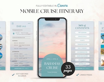 Modello di itinerario di crociera modificabile / Pianificatore di viaggio per crociera alle Bahamas, Guida per agenti di viaggio, Viaggio tra amiche, Guida di viaggio digitale per dispositivi mobili, Canva