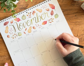 2027 Large Watercolor Wall Calendar 11x14 | Seasonal Hand Painted Botanical Illustrations, Christmas Gift, Monthly, Gift for her