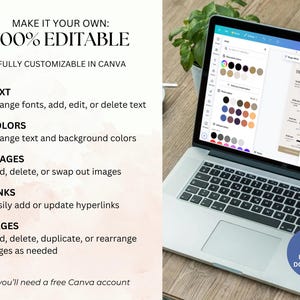 May include: A laptop displaying a design template with a color palette and editing options. Text on the screen reads "TRANSPORTATION". The image also includes text that says "MAKE IT YOUR OWN: 100% EDITABLE" and "INSTANT DOWNLOAD".