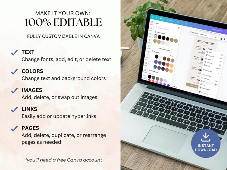 May include: A laptop displaying a design template with a color palette and editing options. Text on the screen reads "TRANSPORTATION". The image also includes text that says "MAKE IT YOUR OWN: 100% EDITABLE" and "INSTANT DOWNLOAD".