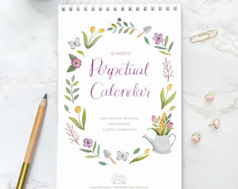 Watercolor Perpetual Calendar, Birthday Calendar, Wire Binding, Handmade, Botanical Hand Painted Illustration, Seasons, Gift for Her