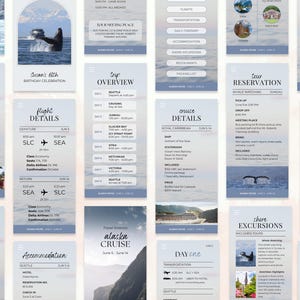 May include: A digital travel itinerary for an Alaska Fjords cruise, with information on flights, accommodation, and daily activities. The design features a blue and white color scheme with images of whales and landscapes.