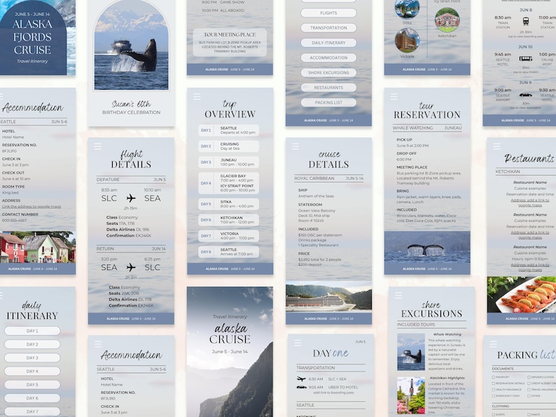 May include: A digital travel itinerary for an Alaska Fjords cruise, with information on flights, accommodation, and daily activities. The design features a blue and white color scheme with images of whales and landscapes.