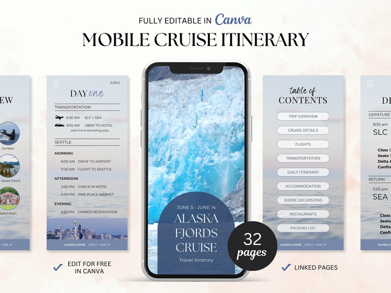 May include: A mobile cruise itinerary template on a smartphone screen. The screen displays an Alaska Fjords Cruise itinerary with a blue and white glacier image. The template is fully editable in Canva and has 32 pages.