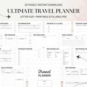 Pacote de planejador de viagem para impressão, Ink Saver, orçamento e despesas, organizador de férias, planejador de viagem, mínimo, download digital, carta dos EUA