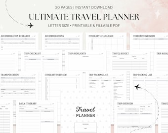 Pacchetto di agenda di viaggio stampabile, risparmio inchiostro, budget e spese, organizzatore di vacanze, pianificatore di viaggi, minimalista, download digitale, formato US Letter