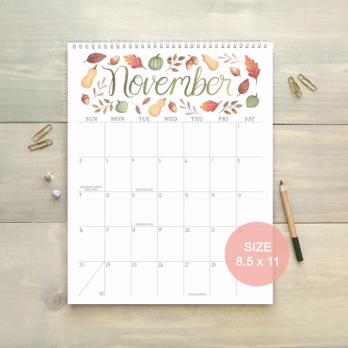 Calendrier mural 2026 aquarelle 8,5 x 11 | Illustration saisonnière peinte à la main, cadeau pour elle, cadeau de Noël, calendrier de rendez-vous mensuel