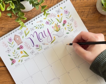 Watercolor Calendar 11x14 | Wirebound Botanical Art | January-December | Hand Painted Illustrations Large Wall Calendar