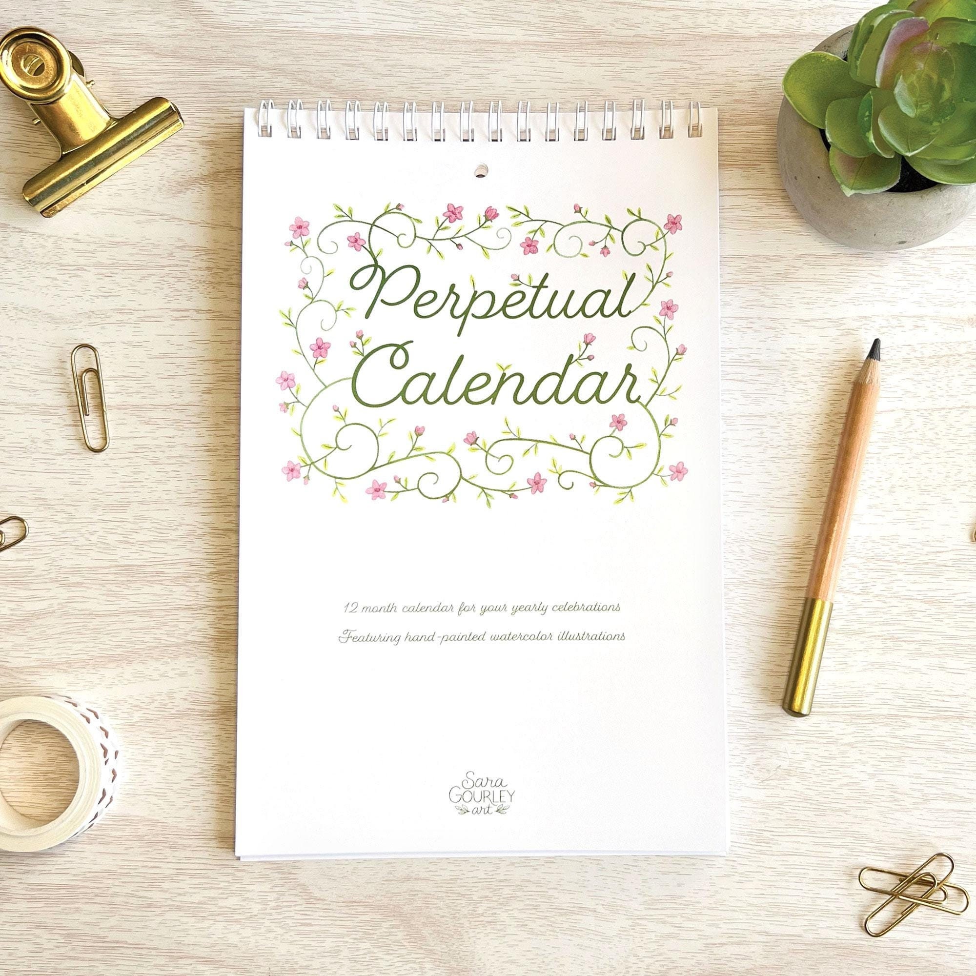 Birth Flower Watercolor Perpetual Calendar, Floral Birthday Calendar, Handmade, Botanical Hand Painted Illustration, Gift for Her, Mom