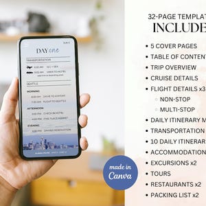 May include: A smartphone displaying a travel itinerary template with the text "DAY one" and a list of included features. The screen shows transportation details and a Seattle schedule. The template includes 32 pages and is made in Canva.