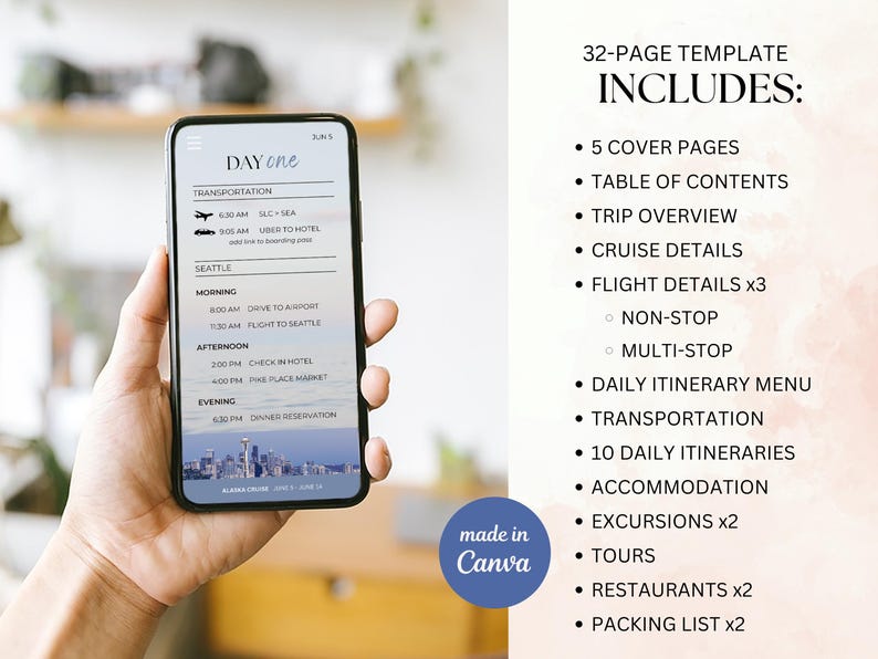 May include: A smartphone displaying a travel itinerary template with the text "DAY one" and a list of included features. The screen shows transportation details and a Seattle schedule. The template includes 32 pages and is made in Canva.
