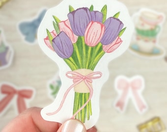 Tulip Bouquet Sticker | Waterproof Vinyl Sticker, Pink and Purple, Coquette Floral Sticker for Journal, Laptop, or Water Bottle