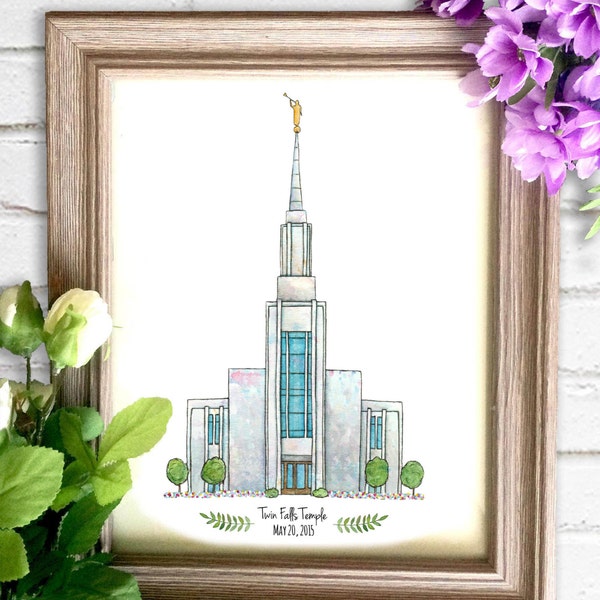 Twin Falls Temple Watercolor Art Print- Personalized Gift, Painting, Art, Illustration, LDS Art, Idaho LDS Temple, Wedding Gift, Date