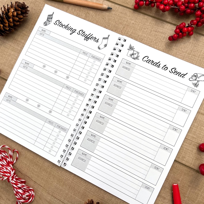 Stocking Stuffers gift ideas and list of Cards to Send pages of the Christmas Planner