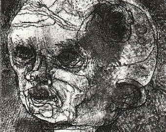 May include: A monochrome etching depicting a stylized human form with a prominent head and a distressed expression. The artwork uses detailed linework, giving a textured effect. The figure's torso is visible, contributing to the overall composition.