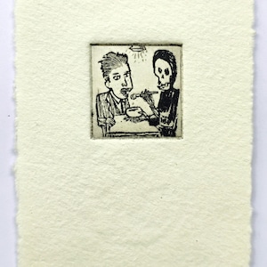 Death Soup, original art, etching, print, fine art print, printmaking, affordable art, miniprint, Pocket Print, Etchings for Everybody