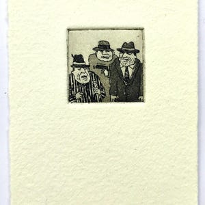 Mobsters, original art, etching, print, fine art print, printmaking, affordable art, miniprint, Pocket Print, Etchings for Everybody