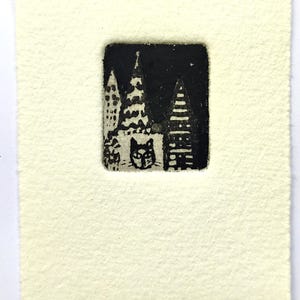 Night Kitten, original art, etching, print, fine art print, printmaking, affordable art, miniprint, Pocket Print, Etchings for Everybody