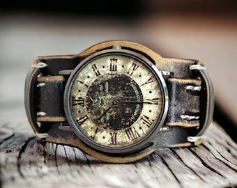 Leren horloge voor mannen, zwart lederen horlogemanchet, steampunk horloge, vintage polshorloge herenpolshorloge Aangepaste horlogeband volnerf leer