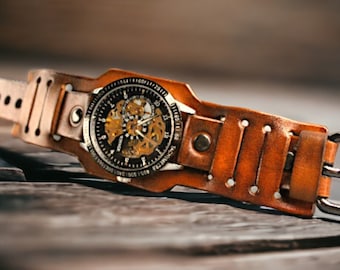 Personalized Men's Watch, Mechanical Watch, Steampunk Watch, Custom watch band, Leather Cuff Watch, Wrist Watch, Brown Leather Watch,