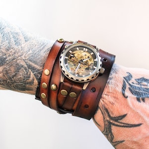 Men's leather watch, Steampunk watch, Vintage wrist watch, Mechanical Watch, Brown leather cuff, Watch cuff, Leather bracelet, Watch band