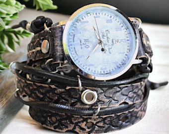 Women's leather wrap watch, Handtooled leather watch, Vintage looking leather watch, Multi wrap Bracelet Watch, Distressed Black, Bohemian