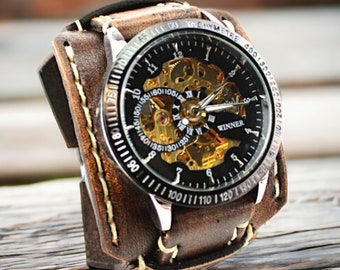 Personalized Watch, Custom Leather Watch, Steampunk Wrist Watch, Leather Cuff Watch, Skeleton Watch, Mechanical Watch, Brown watch band,