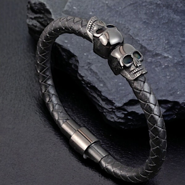 Black Skull Bracelet, Braided Leather Skull Bracelet, Stainless Steel Skull Bracelet, Men's Braided Leather Gothic Bracelet, Men's Jewelry