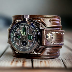 Leather Watch Digital Watch Brown Leather Wrist Watch Wide