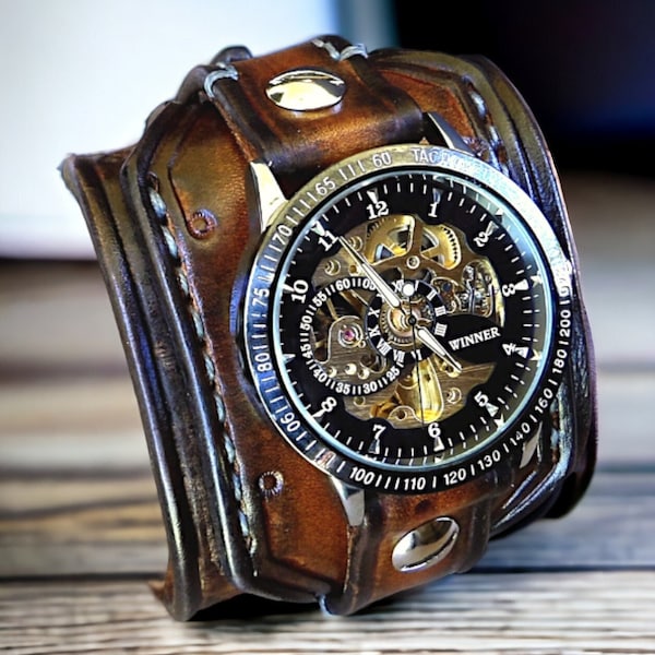 Herren Steampunk Armbanduhr, Lederuhr, Skelett Uhr, Leder Manschette Uhr, Armbanduhr, Lederarmband, Mechanische Uhr, Braun