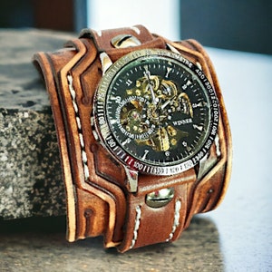 Steampunk leather wrist watch on sale
