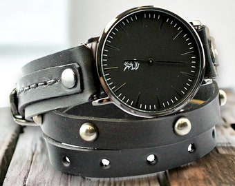 Black leather wrist watch, Leather wrap bracelet for women, leather wrap watch, Minimalist leather watch, Leather jewelry