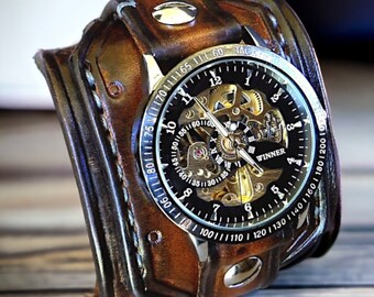 Men's Steampunk Wrist Watch, Leather Watch, Skeleton watch, Leather Cuff Watch, Bracelet Watch, Leather watch band, Brown, Mechanical watch