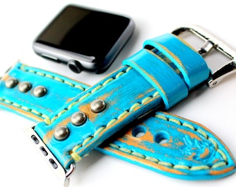 Turquoise Apple watch band, Bohemian Leather apple watch strap, Rustic, Handcrafted Rivetted 38 40 41 45 44 45 49mm Custom ULTRA, Series 1-9