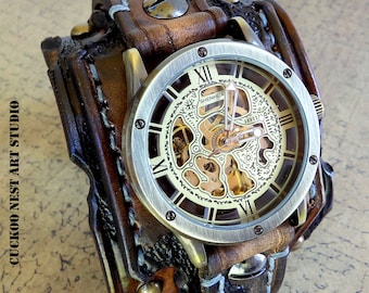 Brown Steampunk Watch, Men's Watch, Mechanical Watch, Leather cuff watch, Skeleton, leather wrist watch, Distressed leather watch strap,